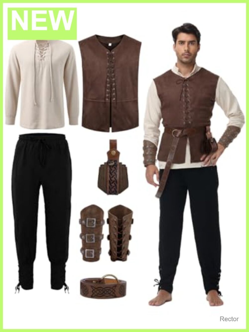 Men's 7pc Renaissance Pirate Viking Medieval Costume Faux Leather Vest
